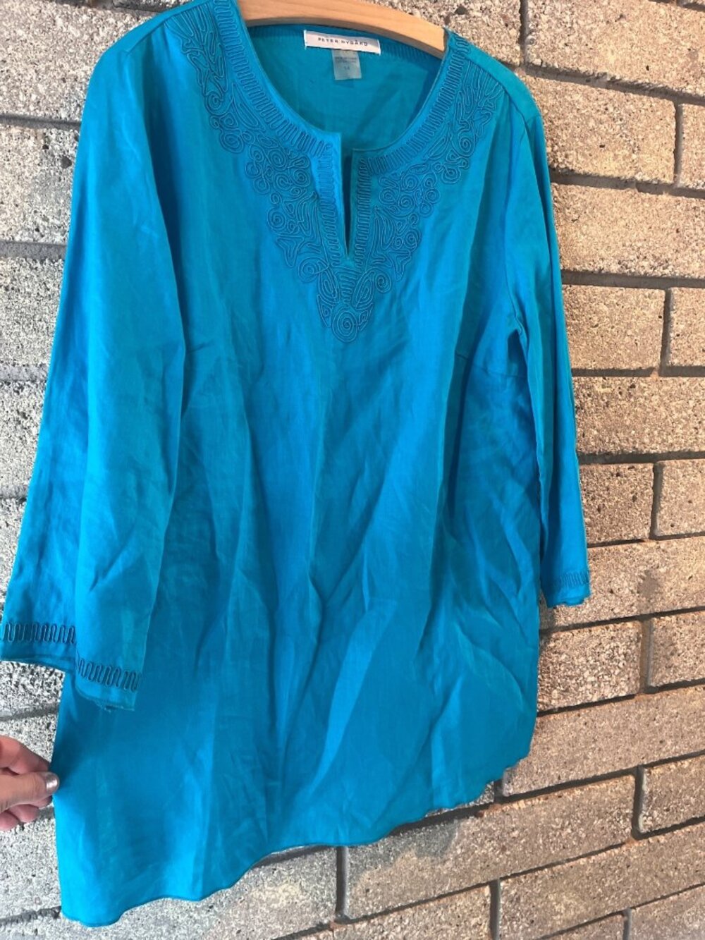 Peter Nygard Womens Blue Embroidered Split-Neck Tunic Top Size 14 3/4 Sleeves